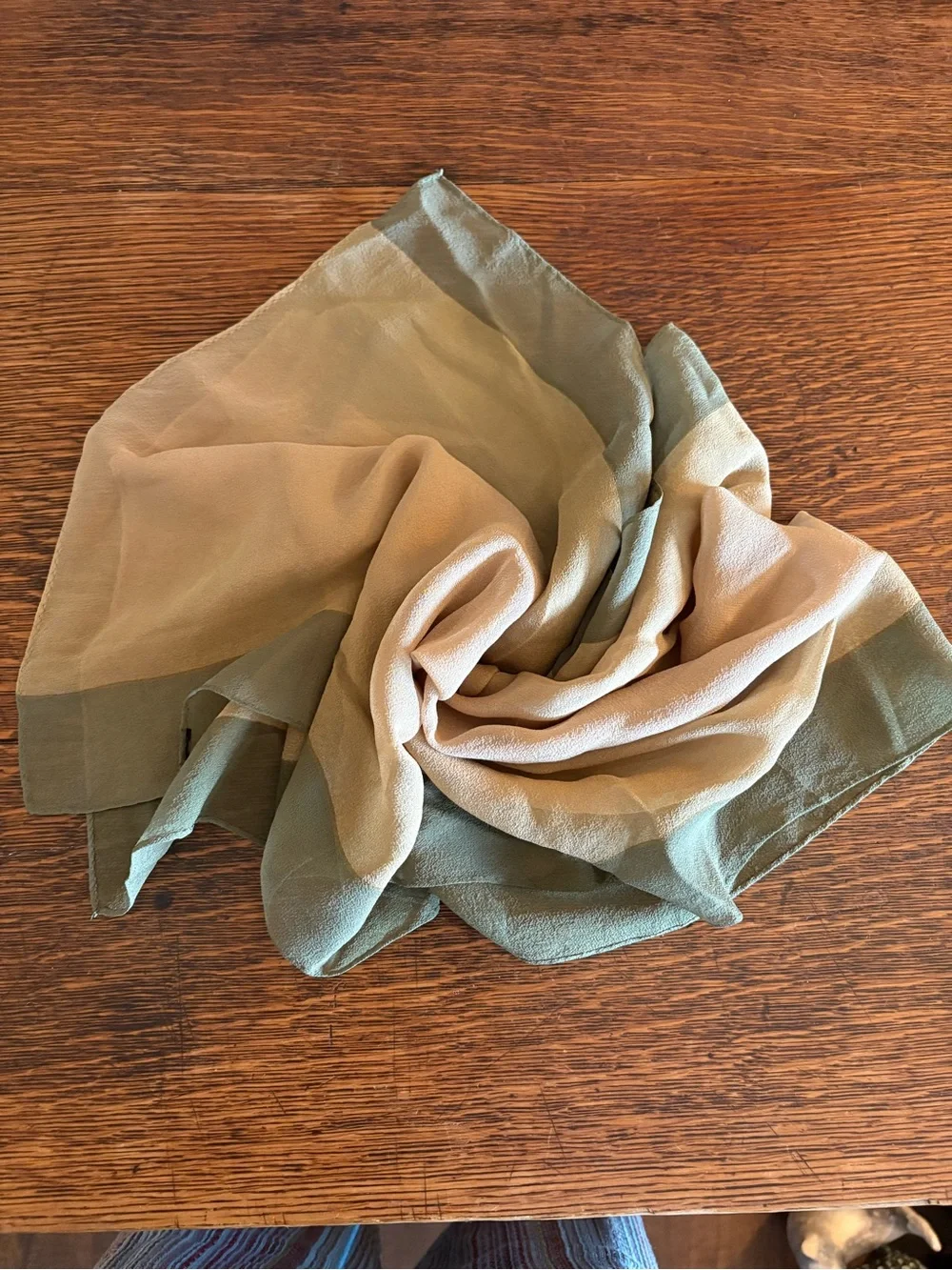 Ellen Tracy Vintage Silk Organza Scarf Tan and Olive Green 52” x 14”